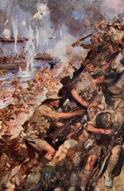 Te midden van schoten en granaten bereikten we het smalle strand, landing bij Gallipoli, illustratie uit 